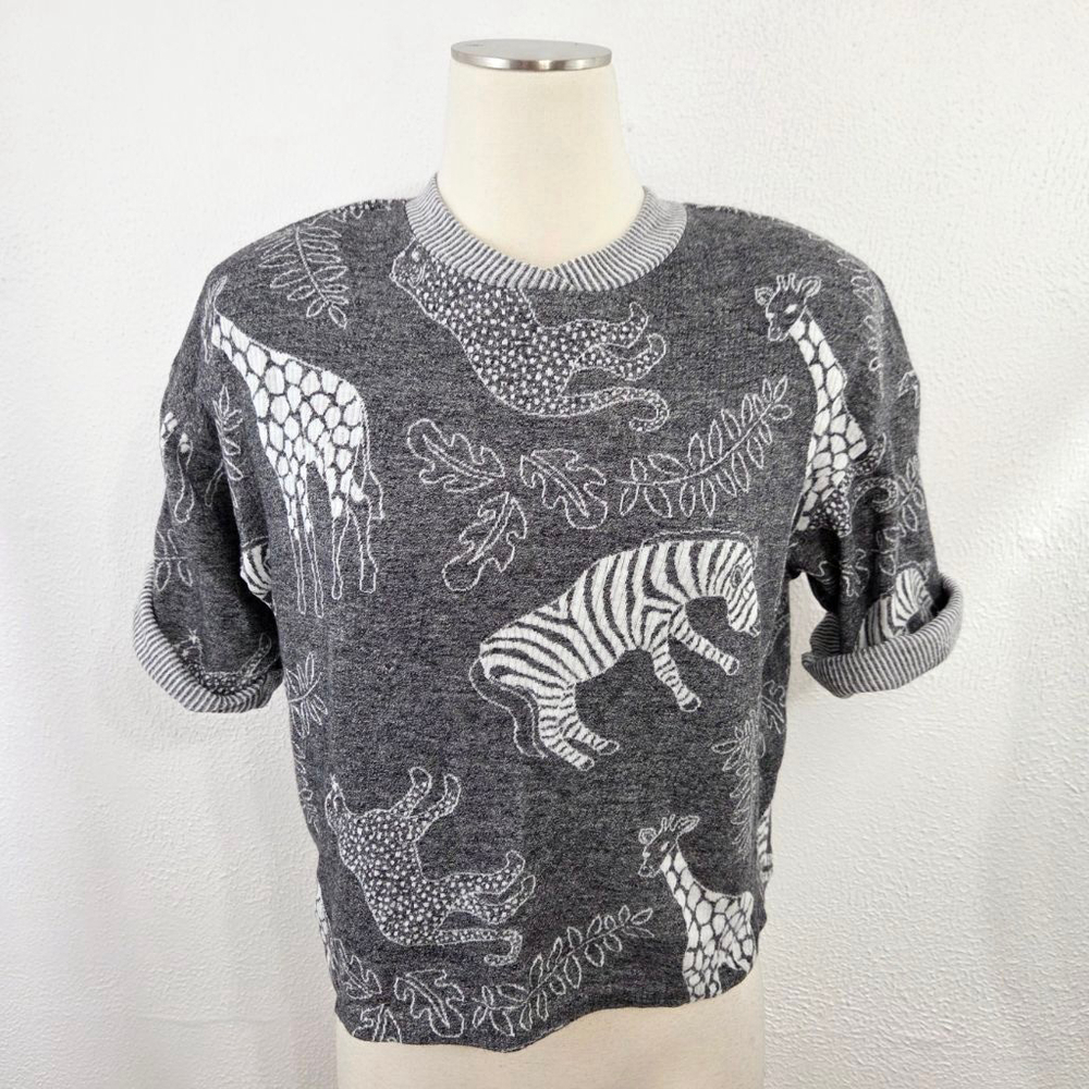 Vintage 80s Zoo animal print sweatshirt short sleeve gray safari women's medium